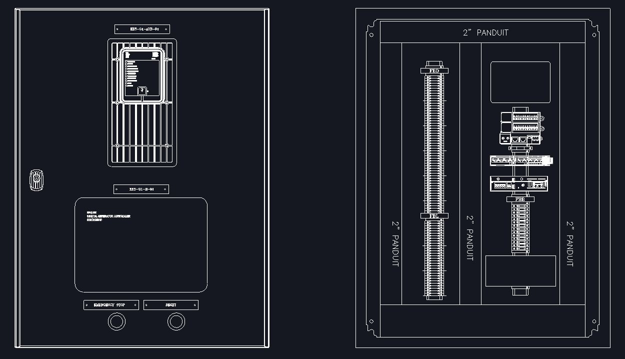 Generator and engine control panel layout drawings — front door and interior back-panel views